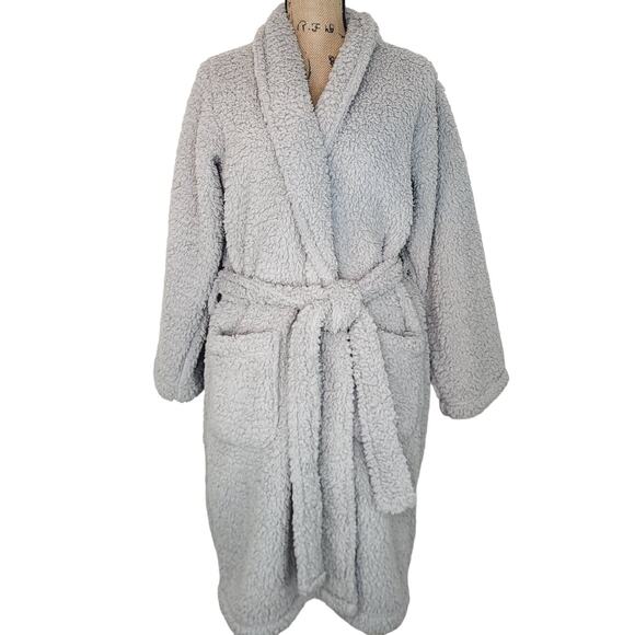 Pottery Barn Teddy Bear Sherpa Gray Blue Cozy Spa Wrap Robe Size Medium - Picture 3 of 13